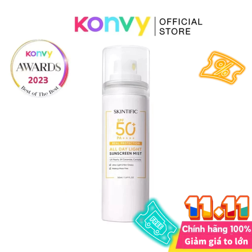 【Mua 3 cho 1】 Xịt chống nắng SKINTIFIC All Day Light Sunscreen Mist SPF50 PA++++ Whitening Sunblock Spray Anti UV Face/Body Spray chống tia cực tím cho mặt và cơ thể giúp bảo vệ da suốt cả ngày 50ml Konvy