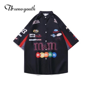  Tb xeno thanh niên Nam Mỹ retro công nghiệp nặng màu sắc phù hợp với phong cách đua xe áo sơ mi ngắn tay in mới xe máy phù hợp với nam dáng rộng hàng đầu 