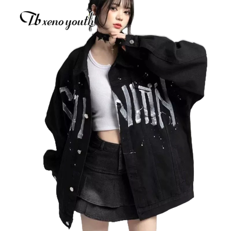 Phong cách vintage| Quần denim jacket lapel đơn giản chữ in mẫu single-breasted lỏng phù hợp với chất lượng hàng đầu vải
