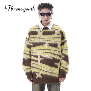 Tb xeno thanh niên Áo len nam cao cấp Mỹ Màu sắc tương phản ngựa vằn In cổ tròn Retro Lười dáng rộng Áo thun Mohair Áo len vải chất lượng cao