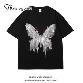  Xeno youth youth Chất Lượng Cao |Áo thun nam in hình bướm thiết kế cảm giác thích hợp tay ngắn dáng rộng giản dị đường phố Mỹ retro hợp thời trang hàng đầu 