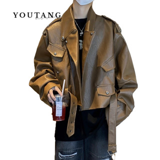 YOUTANG maillard Áo Khoác Da Màu Nâu Dáng Ngắn Thời Trang Mùa Thu Cho Nam Và Nữ