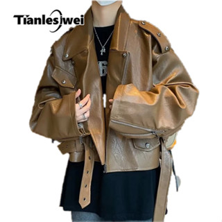 Tianlesiwei Áo Khoác Da Dáng Ngắn Màu Nâu Phong Cách maillard Mùa Thu Cho Nam Và Nữ