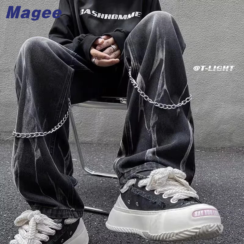 Magee quần jean nam mới phiên bản hàn quốc cổ điển đơn giản cao cấp thiết kế dây chuyền nhuộm thời trang quần ống rộng chân thẳng