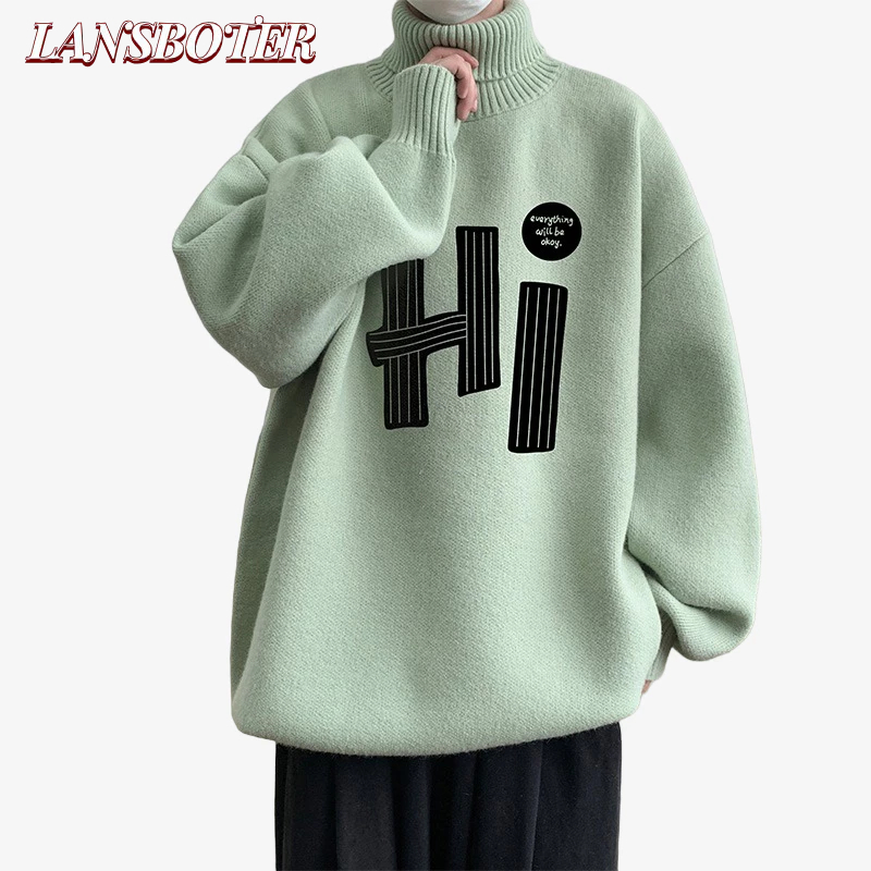 Lansboter Áo sweater Dệt Kim Cổ Lọ Dáng Rộng Màu Trơn In Chữ Kiểu Hàn Quốc Thời Trang Thu Đông Cho Nam
