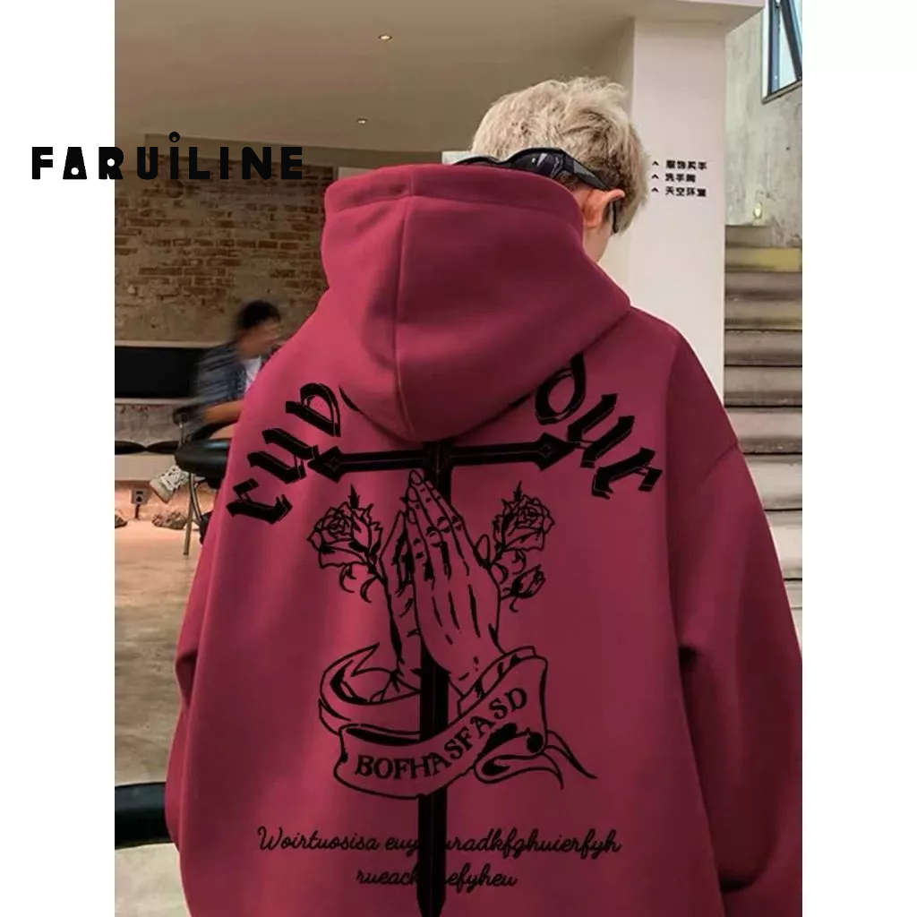 Áo Khoác hoodie Nỉ oversize Màu Đỏ Rượu Vang retro Mỹ Cho Nam
