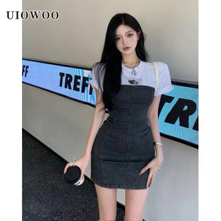 Đầm denim Giả Hai Mảnh Phong Cách retro Thời Trang Cho Nữ