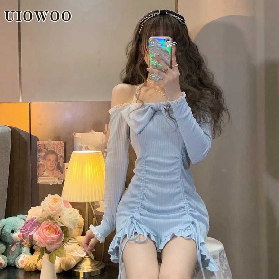 Đầm Tay Dài Dáng Ôm Thiết Kế Dây Rút Mỏng Nhẹ Màu Trơn Unowoo Cho Nữ
