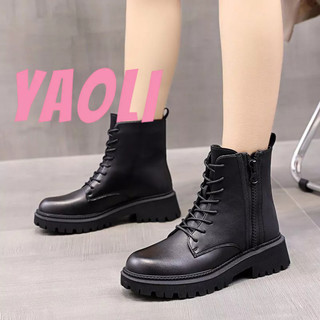 Yaoli giày bốt martin da pu mũi tròn đế dày buộc dây phía trước phong cách anh quốc