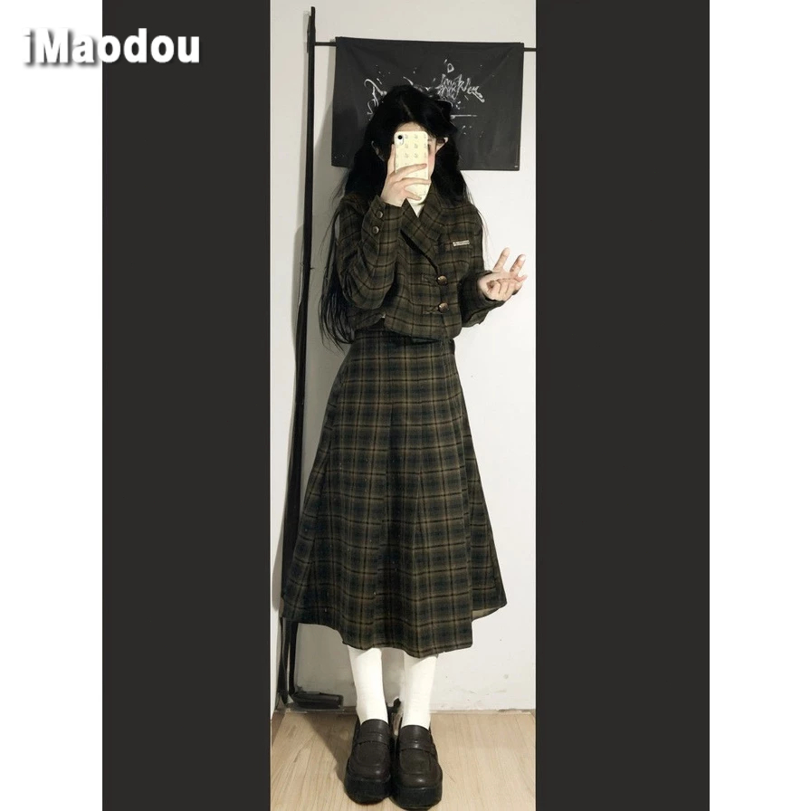 IMaodou Set Áo Khoác Và Chân Váy Caro Phong Cách retro Thời Trang Thu Đông Cho Nữ