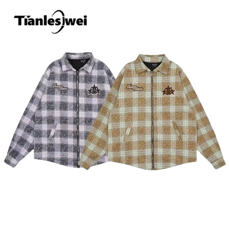 Tianlesiwei Áo Khoác Dáng Rộng Họa Tiết Kẻ Sọc Phong Cách retro Mỹ Thời Trang Thu Đông Cho Nam Và Nữ