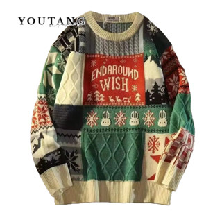  YOUTANG Áo Sweater Dáng Rộng Phong Cách Giáng Sinh Thu Đông hong kong Cổ Điển Đơn Giản Cho Nam Nữ 