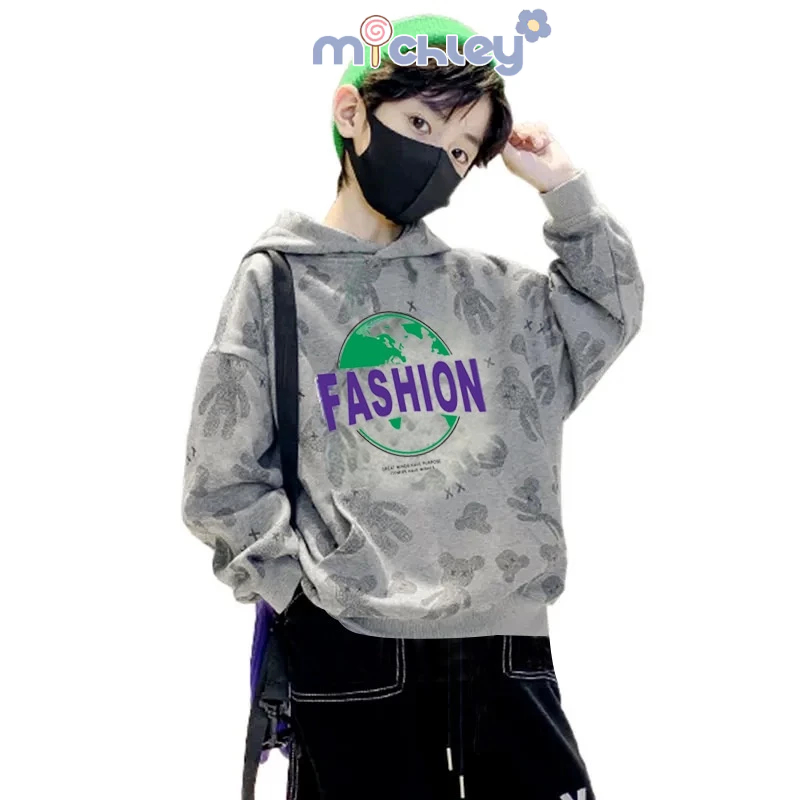 Michley Áo Hoodie Tay Dài Dáng Rộng In Hình Gấu Thời Trang Thu Đông Cho Bé Trai