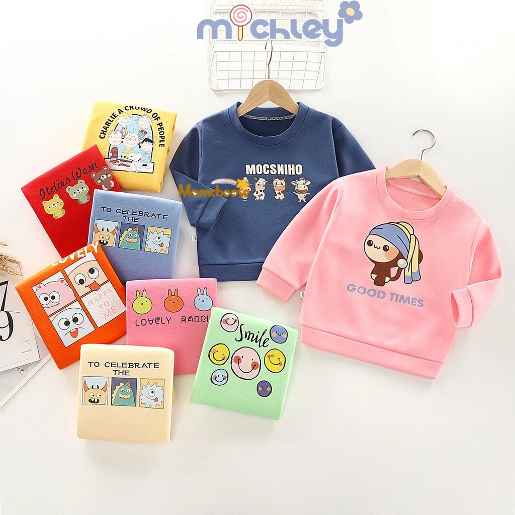 Michley áo len trẻ em mùa thu mới nam và nữ em bé phiên bản hàn quốc phim hoạt hình dài tay áo chui đầu rời cổ tròn áo đơn