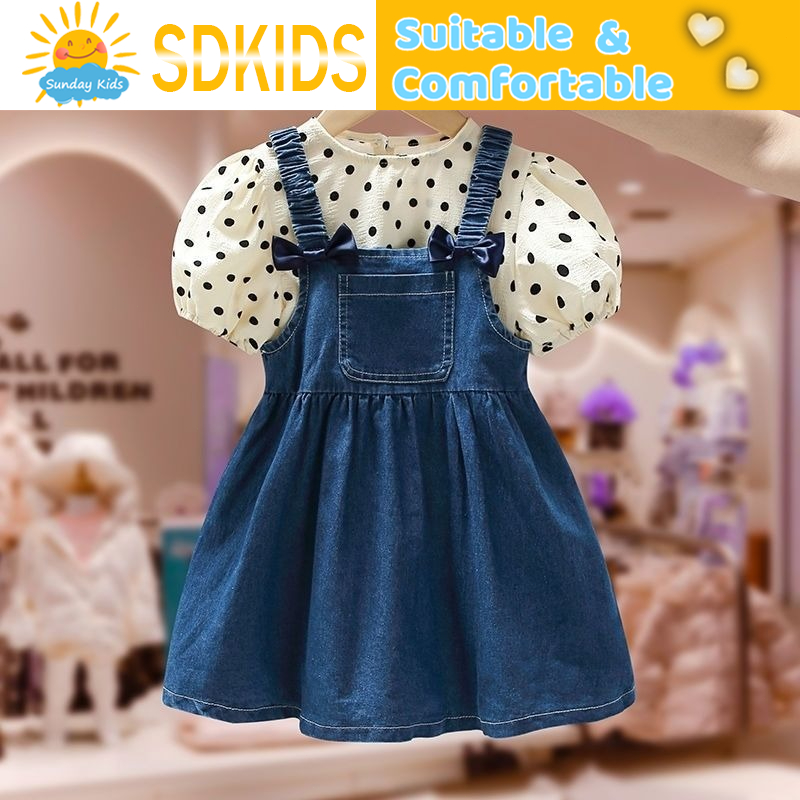 Set Áo Váy Yếm denim Họa Tiết Chấm Bi Thời Trang Mùa Hè Cho Bé Gái