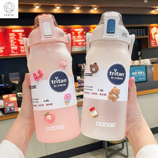 COFAZ Bình nước 2 lít có chia vạch thể thao cute có ống hút 2000ml to trong suốt có sticker