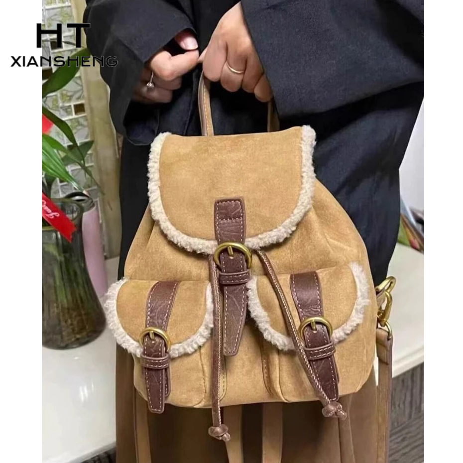 Ht xiansheng Ba Lô Da Lộn Phối Lông Thời Trang Thu Đông Phong Cách Mới Cho Nữ