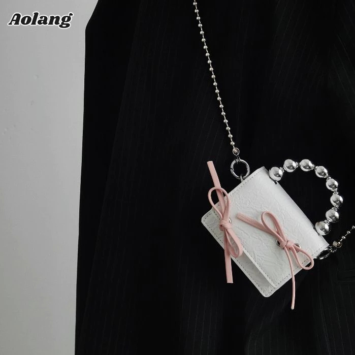 Túi đeo chéo vai AOLANG da PU mini đính nơ phối dây xích thiết kế ngọt ngào cho nữ