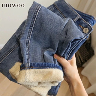  K K KCE Blue Jeans-UIOLOO Lông Cừu Lót Dày Màu Xanh Cao Cấp Bố Quần Jean Nữ 