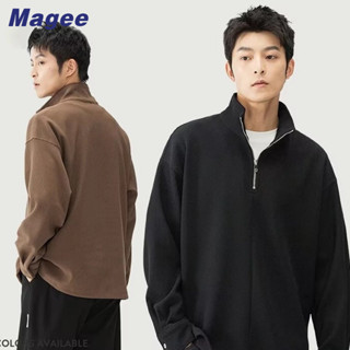 Magee Áo hoodie Tay Dài Cổ Đứng Có Dây Kéo Nửa Thân Bằng Kim Loại Kẻ Sọc Phong Cách retro Hàn Quốc Cao Cấp Giản Dị Cao Cấp Dành Cho Bạn Nam