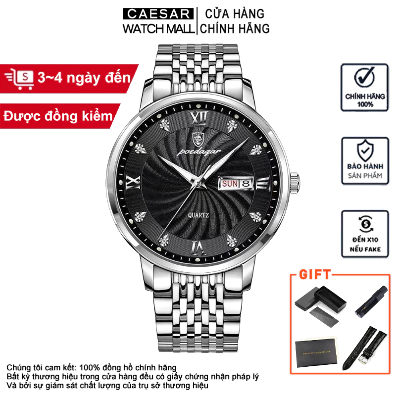 Đồng hồ nam chính hãng POEDAGAR 827 đồng hồ đeo tay kim loại đơn giản thời trang đồng hồ kinh doanh không thấm nước lịch