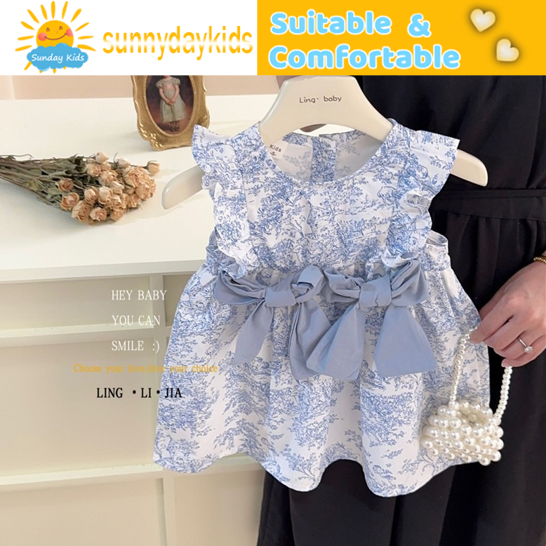 Đầm hoa công chúa sát nách đính nơ phong cách Hàn Quốc mùa hè cho bé gái 1-6 tuổi