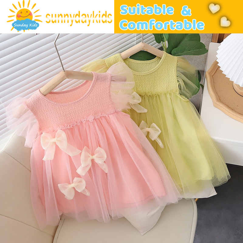 Em bé lưới sợi ăn mùa hè cô gái tay Bowknot thời trang Hàn Quốc công chúa đầm cho bé 1-4 tuổi