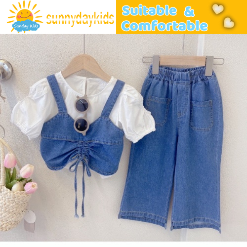 Set Áo denim Tay Ngắn Phối Dây Rút + Quần Yếm jeans Phong Cách Hàn Quốc Thời Trang Mùa Hè Mới Cho Bé Gái