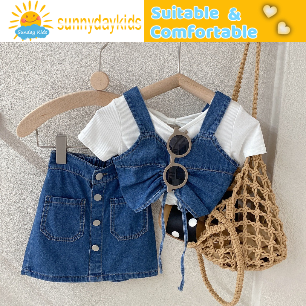 Set Đồ 2 Món Gồm Áo Tay Cộc Chống Trơn Và Chân váy jean Phong Cách Hàn Quốc Cho Bé Gái