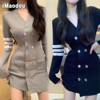 iMaodou Đầm Dệt Kim Cổ Chữ v Ôm Eo Thời Trang Xuân Thu Mới Cho Nữ