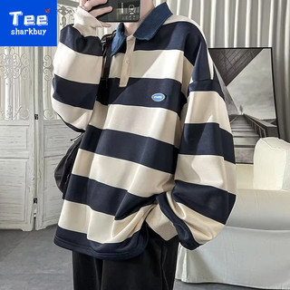Áo Nỉ Nam Dài Tay Cổ Bẻ Form Rộng Họa Tiết Sọc Ngang Thời Trang Hàn Quốc Mới
