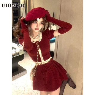 Bộ Áo Dệt Kim Hai Mảnh uiowoo Màu Đỏ Đậm + Chân Váy Lưng Cao Cho Nữ