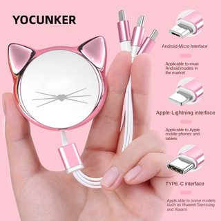 YOCUNKER Dễ Thương Cáp Sạc Nhanh 2a 3 Trong 1 Hình Mèo Đáng Yêu