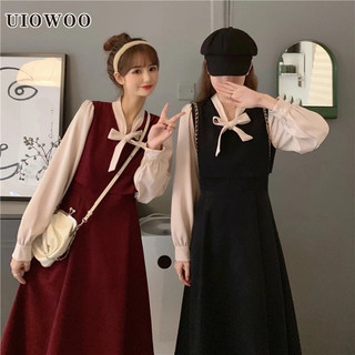 Đầm Giả Hai Mảnh Dáng Dài Qua Gối Thắt Nơ Phong Cách mori Pháp Thời Trang