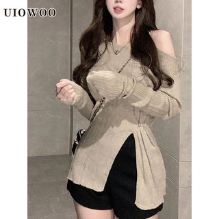 Uiowoo Áo Thun Tay Dài Dáng Ôm Xẻ Tà Gợi Cảm Cho Nữ