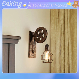 Treo tường retro đèn sắt gỗ e27 e26 vintage nâng công nghiệp ròng rọc có lồng bóng cho gia đình quán cafe beking h.