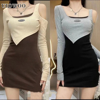 Uiowoo Đầm Ngắn Ôm Dáng Giả Hai Mảnh Độ Co Giãn Cao Không Đều @