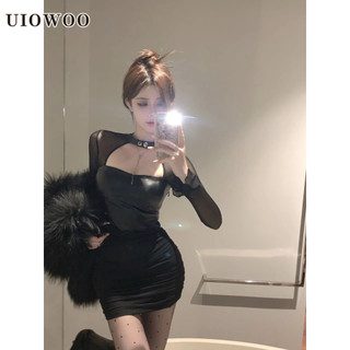 Uiowoo Đầm Da Tay Dài Dáng Ôm Phối Vải Gạc Màu Đen Gợi Cảm Cho Nữ