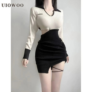 Uiowoo Đầm Dệt Kim Tay Dài Cổ Chữ v Hở Eo Màu Sắc Tương Phản Ngọt Ngào Thời Trang Cho Nữ