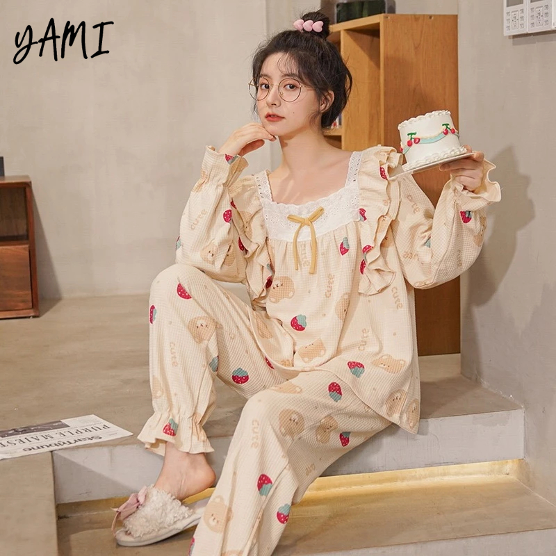 YAMI Bộ Đồ Ngủ cotton Tay Dài Dáng Rộng pijama đồ mặc nhà nữ