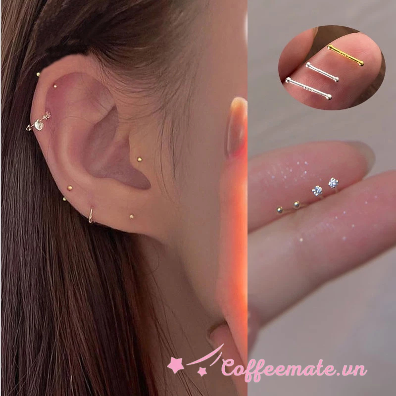 【CF】1 Cặp Khuyên Tai Nữ Hình Tròn Hai Đầu Mini S925 Đính Đá Zircon 3mm