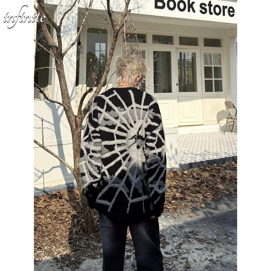 Infinite Áo sweater Dệt Kim Dáng Rộng In Hình Nhện Phong Cách Trung Hoa Thời Trang Thu Đông Cho Nam Giới