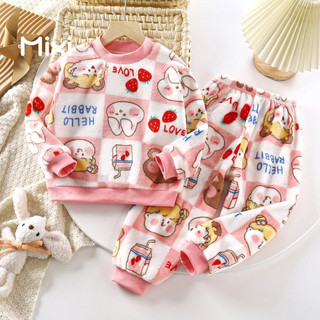 Bộ đồ ngủ 2 món vải flannel dày in hoạt hình dễ thương cho bé