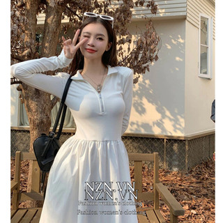 NZN Váy zip-up nửa cổ mở dành cho nữ Hàn Quốc có cổ đứng và tay dài