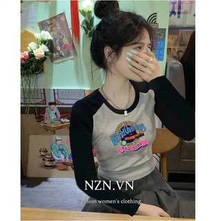 NZN Áo thun dài tay thời trang nữ cổ điển kiểu Mỹ màu tương phản vừa vặn