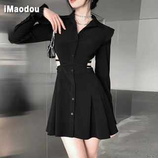 IMAODOU Đầm Sơ Mi Đen Thời Trang Xuân Thu Phong Cách Pháp Cho Nữ