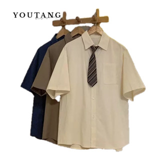 Áo sơ mi nam YOUTANG tay ngắn cổ đứng màu trơn phong cách Harajuku trẻ trung