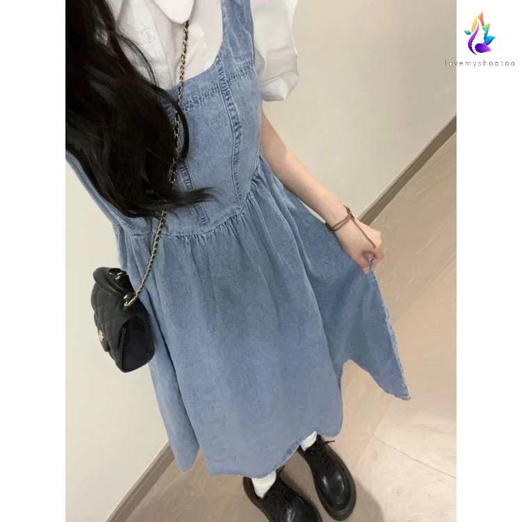 Trangch ch Set Áo Sơ Mi Tay Phồng + Váy Yếm Denim Phong Cách Preppy Hong Kong Dễ Phối Đồ