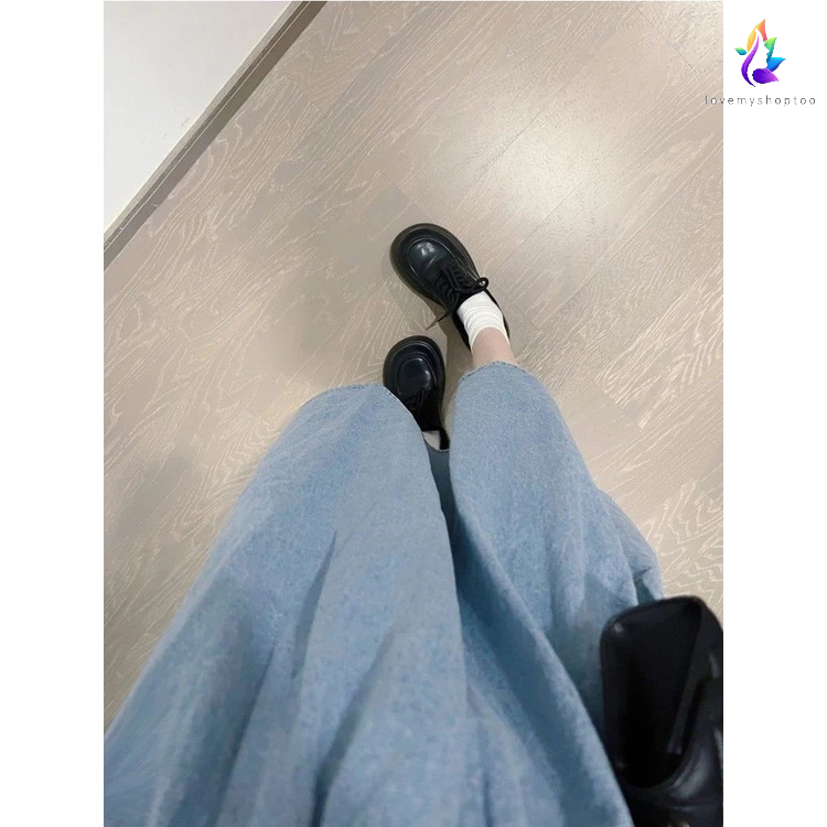 Trangch ch Set Áo Sơ Mi Tay Phồng + Váy Yếm Denim Phong Cách Preppy Hong Kong Dễ Phối Đồ