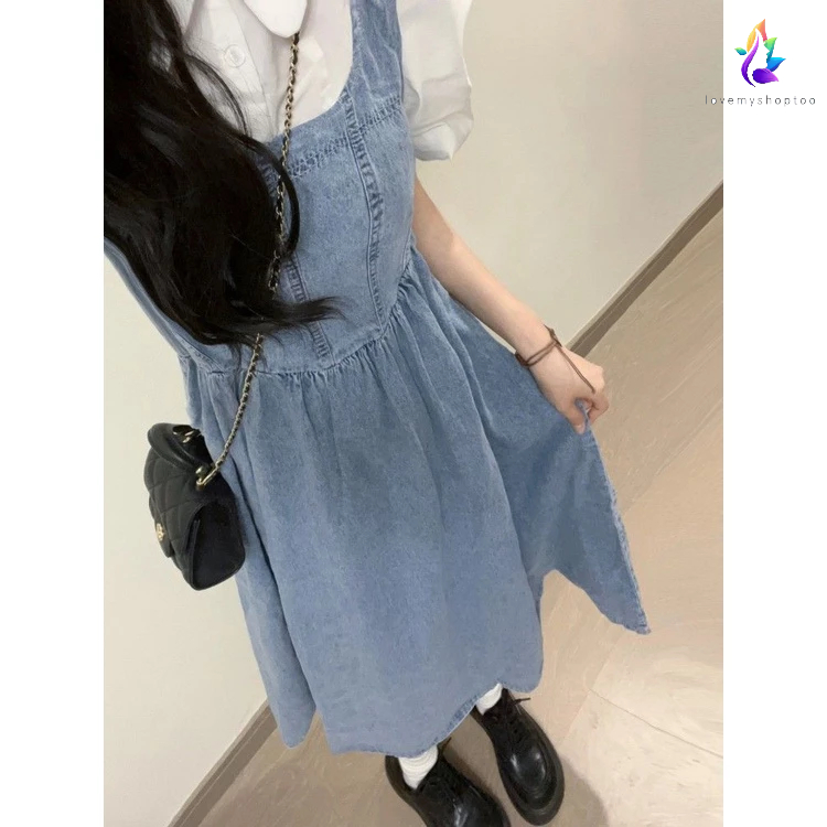 Trangch ch Set Áo Sơ Mi Tay Phồng + Váy Yếm Denim Phong Cách Preppy Hong Kong Dễ Phối Đồ